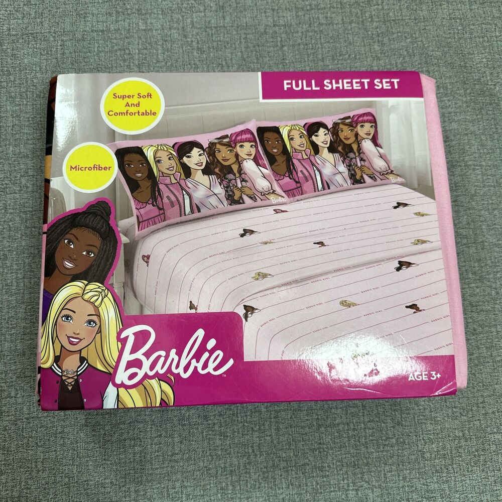 NEW BARBIE KIDS FULL SHEET SET FITTED FLAT 2 PILLOWCASE MICROFIBER